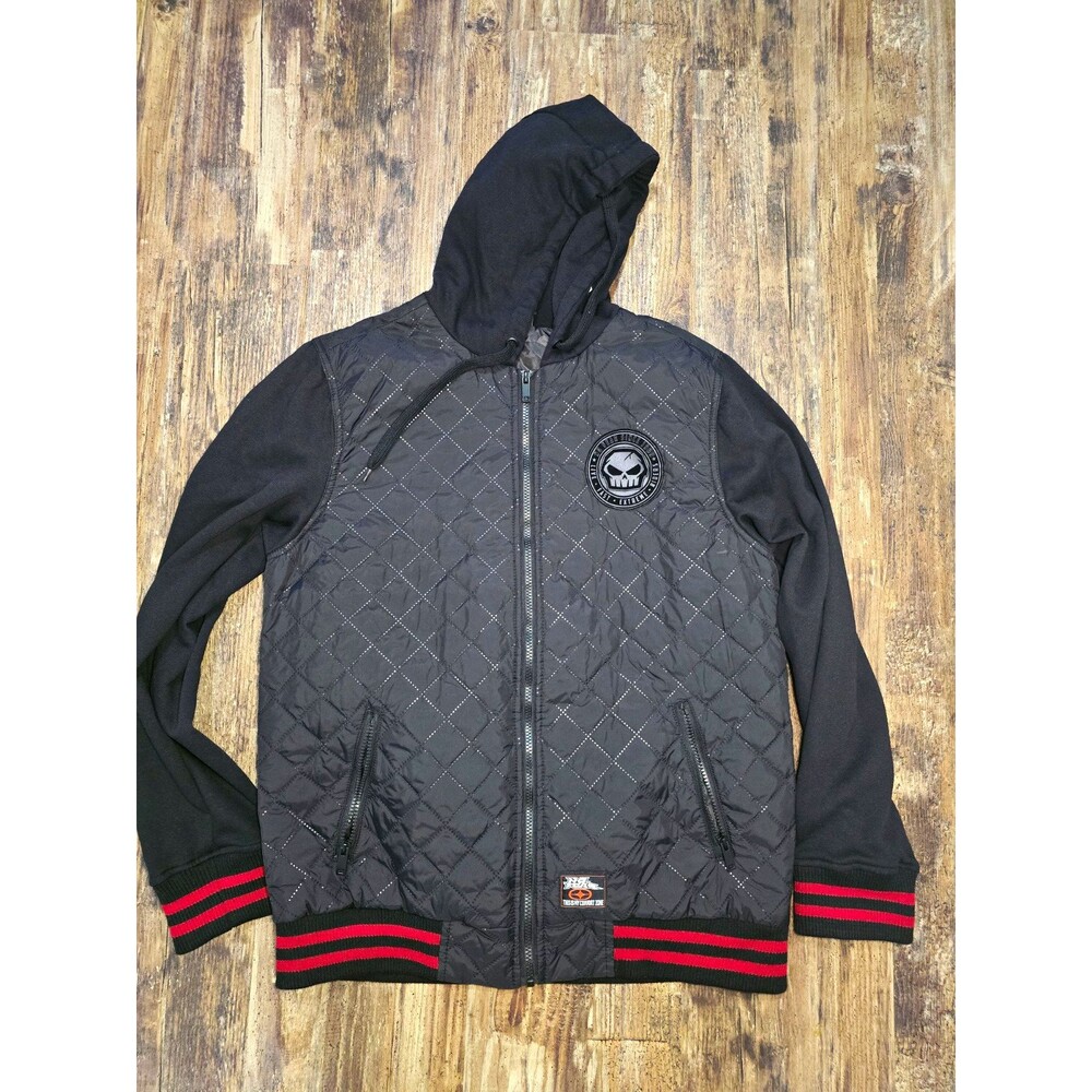 No Fear Men's Black Quilted Full Zip Hooded Skull Hoodie w/ Zip Pockets L